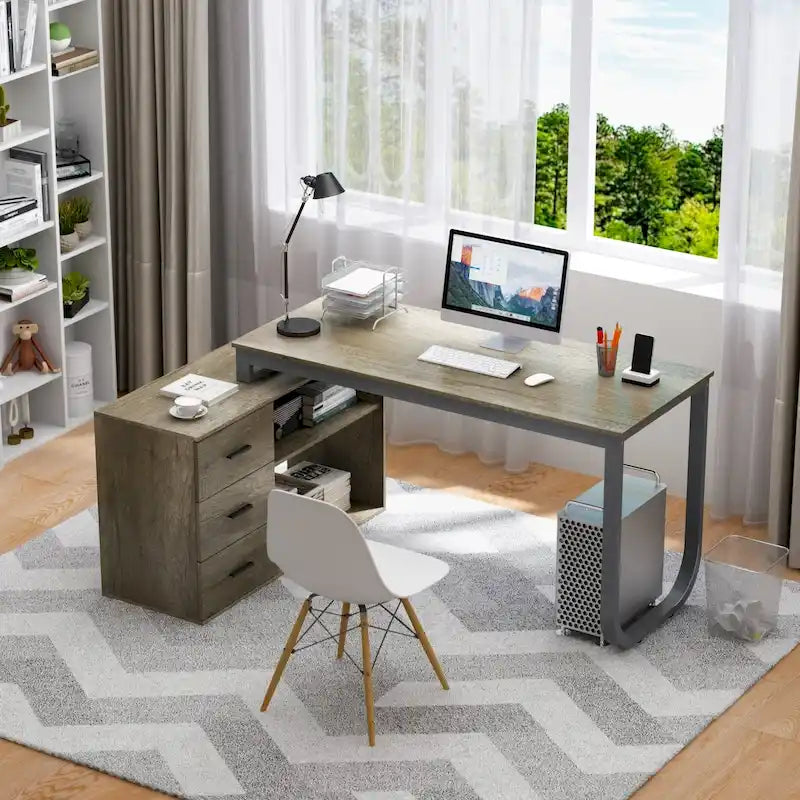 Bureau en L avec armoire de rangement à 3 tiroirs et support d'unité centrale, chêne brun / taupe / noir, style contemporain, 1 personne