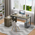 Bureau en L avec armoire de rangement à 3 tiroirs et support d'unité centrale, chêne brun / taupe / noir, style contemporain, 1 personne