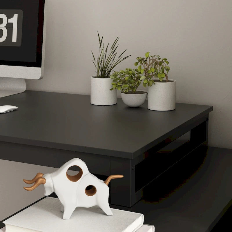 Bureau en L avec armoire de rangement à 3 tiroirs et support d'unité centrale, chêne brun / taupe / noir, style contemporain, 1 personne