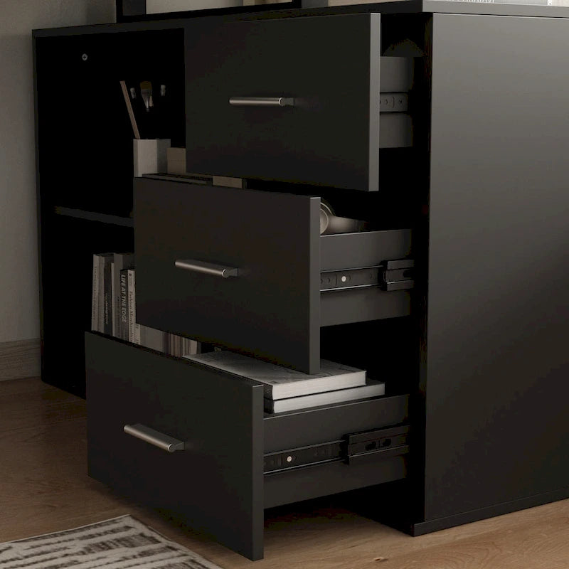 Bureau en L avec armoire de rangement à 3 tiroirs et support d'unité centrale, chêne brun / taupe / noir, style contemporain, 1 personne