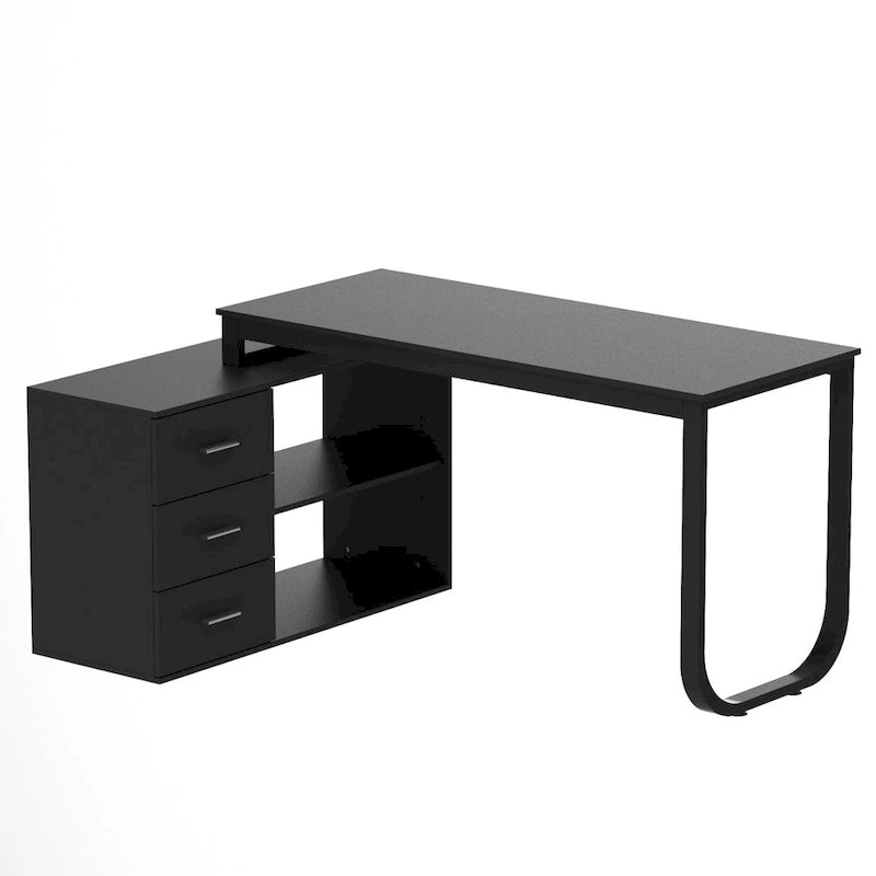 Bureau en L avec armoire de rangement à 3 tiroirs et support d'unité centrale, chêne brun / taupe / noir, style contemporain, 1 personne