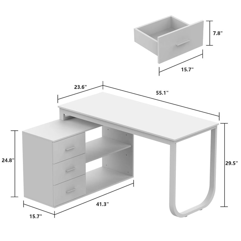 Bureau en L avec armoire de rangement à 3 tiroirs et support d'unité centrale, chêne brun / taupe / noir, style contemporain, 1 personne