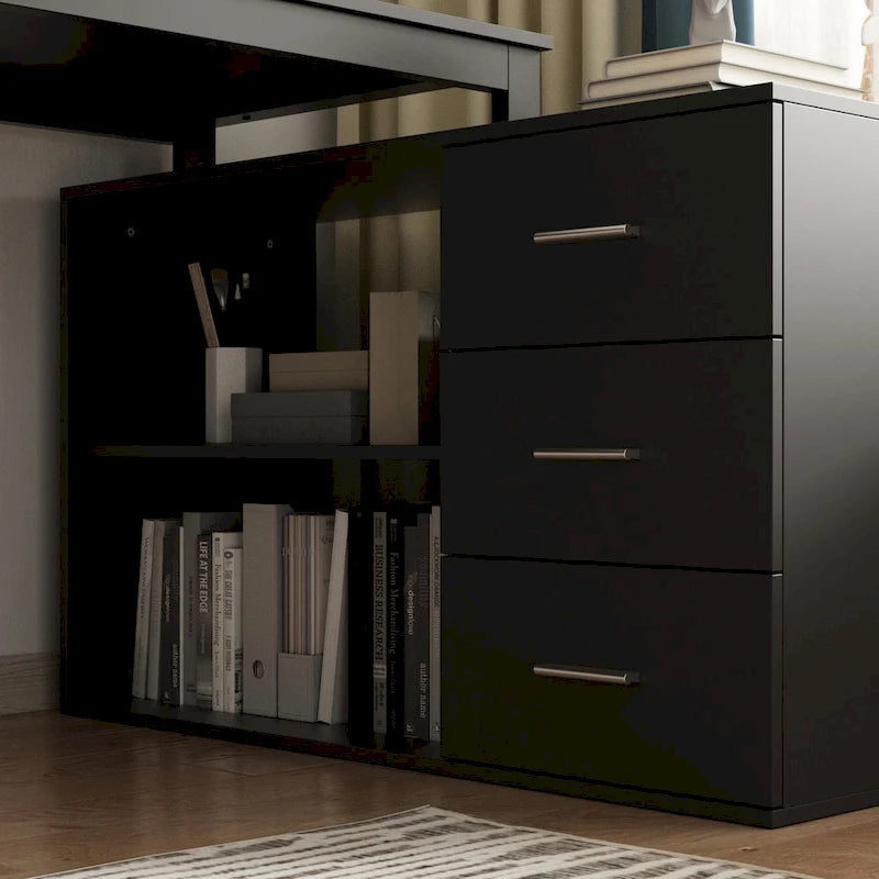 Bureau en L avec armoire de rangement à 3 tiroirs et support d'unité centrale, chêne brun / taupe / noir, style contemporain, 1 personne