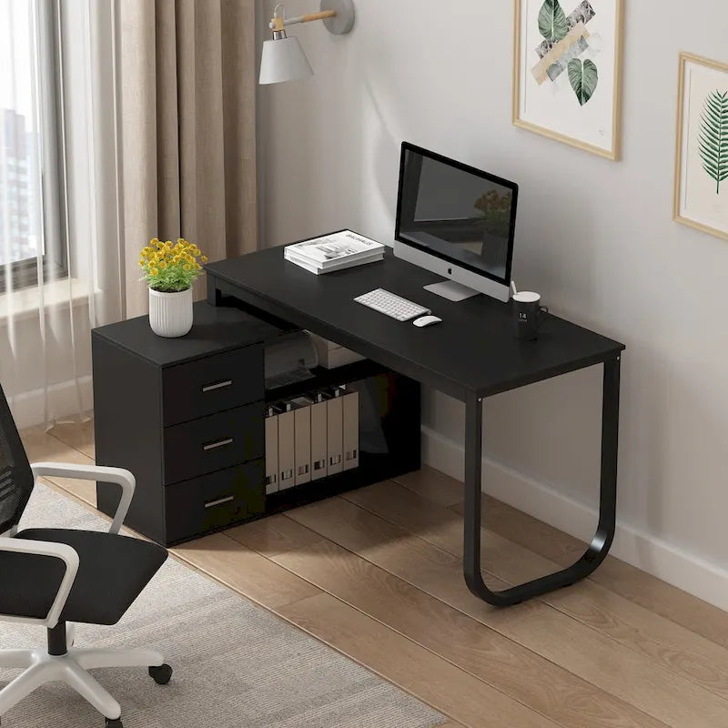 Bureau en L avec armoire de rangement à 3 tiroirs et support d'unité centrale, chêne brun / taupe / noir, style contemporain, 1 personne