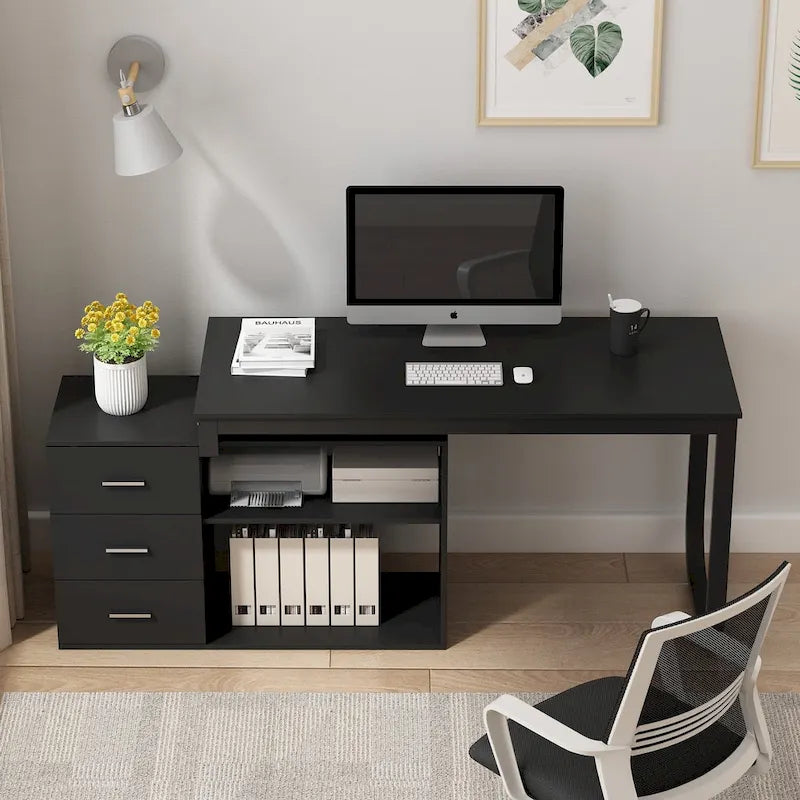 Bureau en L avec armoire de rangement à 3 tiroirs et support d'unité centrale, chêne brun / taupe / noir, style contemporain, 1 personne