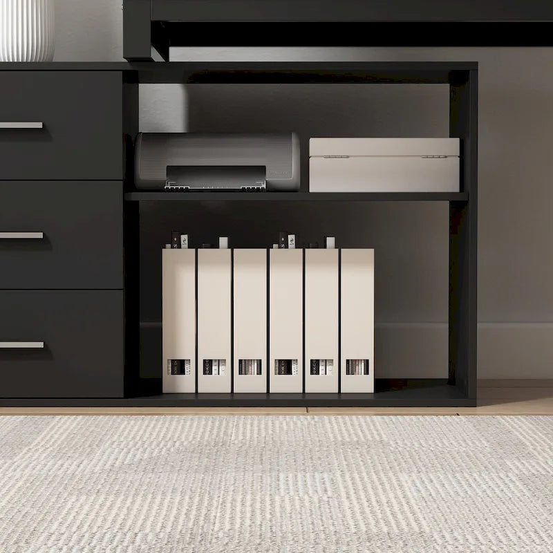 Bureau en L avec armoire de rangement à 3 tiroirs et support d'unité centrale, chêne brun / taupe / noir, style contemporain, 1 personne
