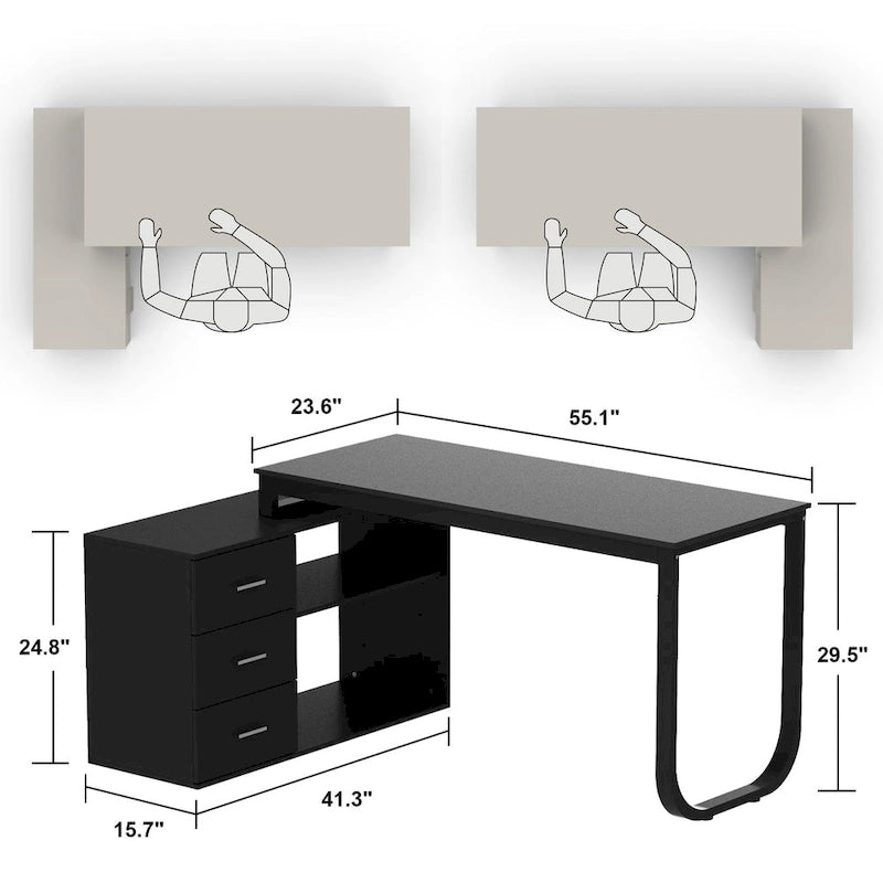 Bureau en L avec armoire de rangement à 3 tiroirs et support d'unité centrale, chêne brun / taupe / noir, style contemporain, 1 personne