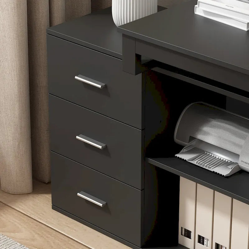 Bureau en L avec armoire de rangement à 3 tiroirs et support d'unité centrale, chêne brun / taupe / noir, style contemporain, 1 personne