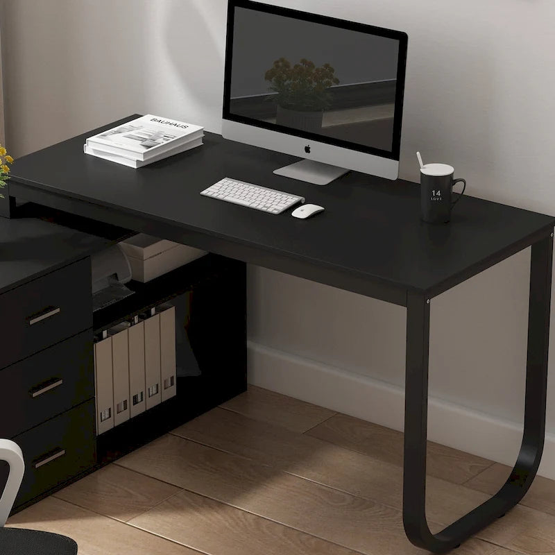 Bureau en L avec armoire de rangement à 3 tiroirs et support d'unité centrale, chêne brun / taupe / noir, style contemporain, 1 personne