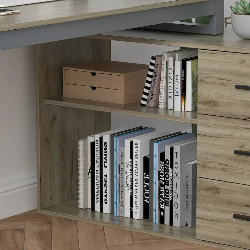 Bureau en L avec armoire de rangement à 3 tiroirs et support d'unité centrale, chêne brun / taupe / noir, style contemporain, 1 personne