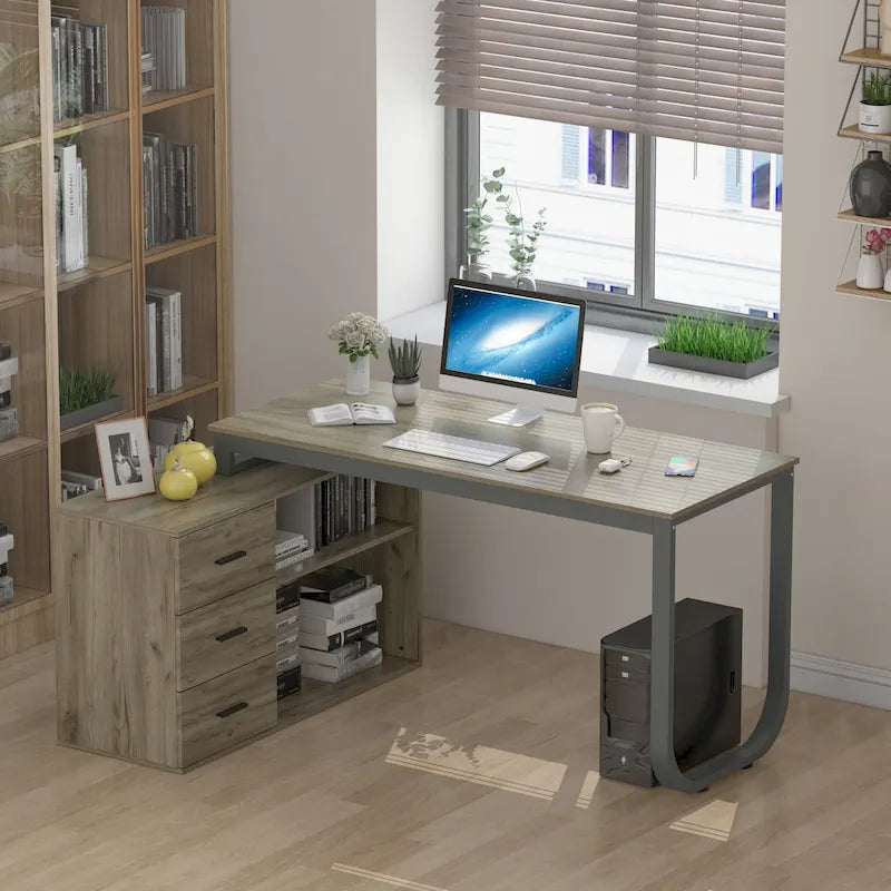 Bureau en L avec armoire de rangement à 3 tiroirs et support d'unité centrale, chêne brun / taupe / noir, style contemporain, 1 personne