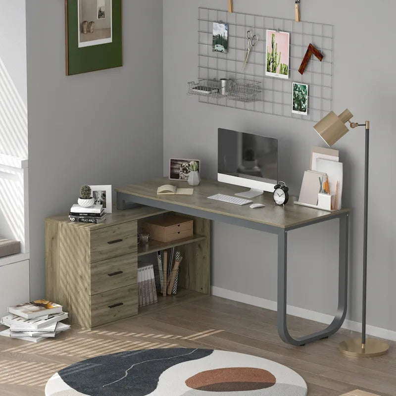Bureau en L avec armoire de rangement à 3 tiroirs et support d'unité centrale, chêne brun / taupe / noir, style contemporain, 1 personne