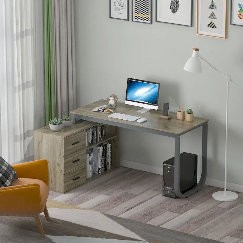 Bureau en L avec armoire de rangement à 3 tiroirs et support d'unité centrale, chêne brun / taupe / noir, style contemporain, 1 personne
