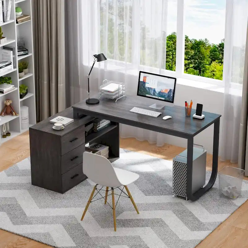 Bureau en L avec armoire de rangement à 3 tiroirs et support d'unité centrale, chêne brun / taupe / noir, style contemporain, 1 personne