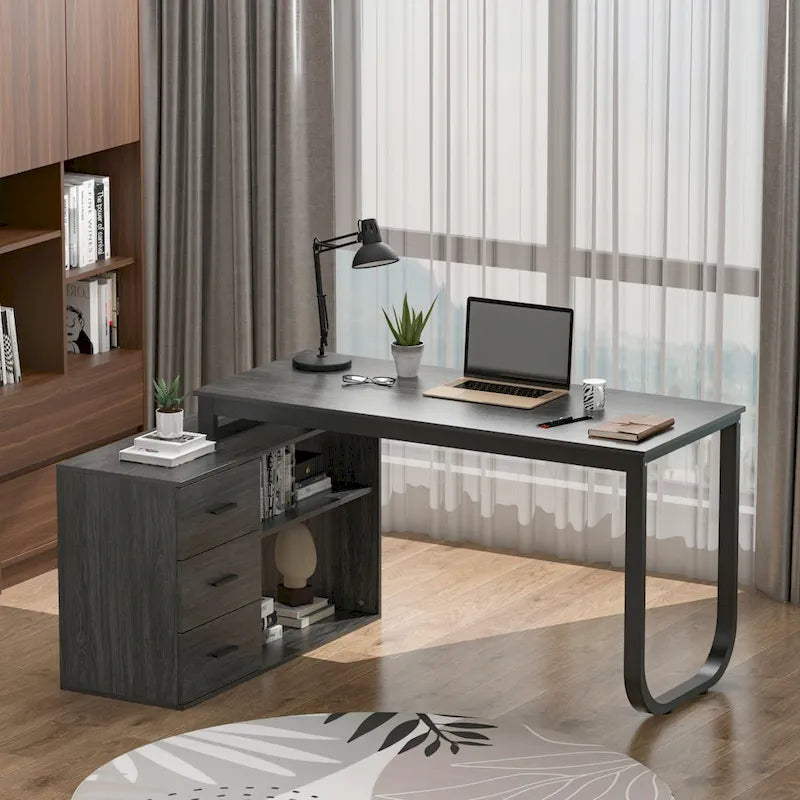 Bureau en L avec armoire de rangement à 3 tiroirs et support d'unité centrale, chêne brun / taupe / noir, style contemporain, 1 personne