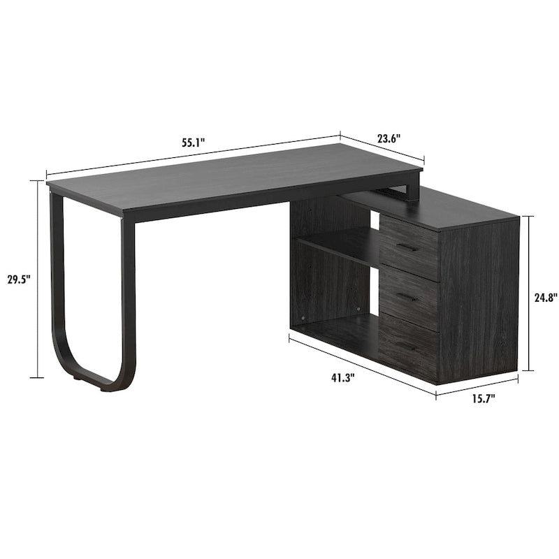 Bureau en L avec armoire de rangement à 3 tiroirs et support d'unité centrale, chêne brun / taupe / noir, style contemporain, 1 personne