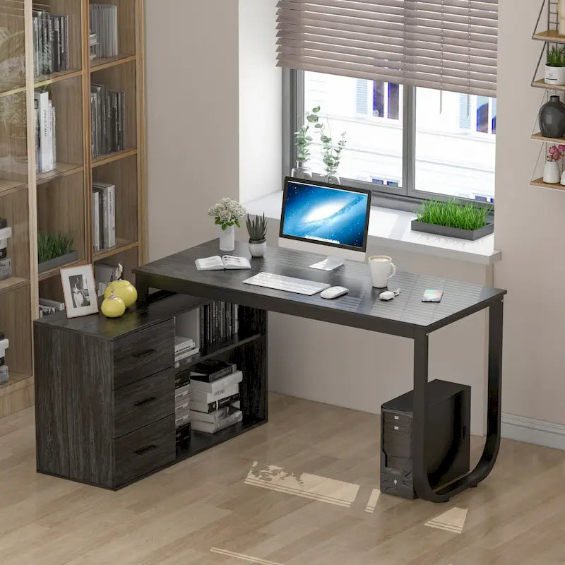 Bureau en L avec armoire de rangement à 3 tiroirs et support d'unité centrale, chêne brun / taupe / noir, style contemporain, 1 personne