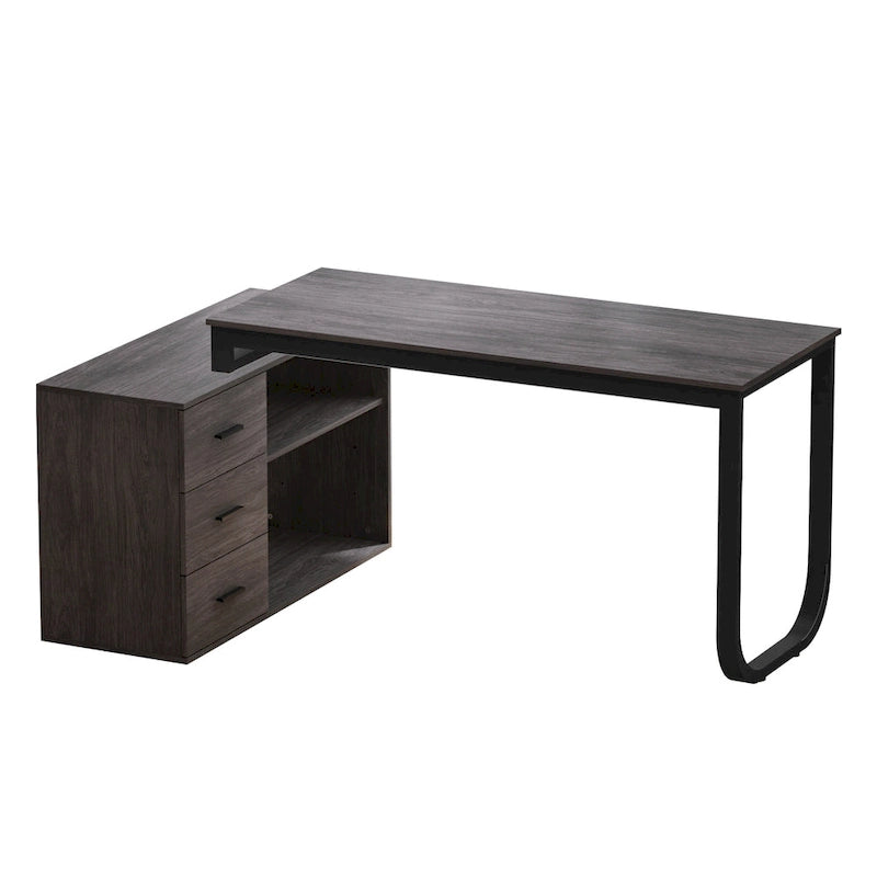 Bureau en L avec armoire de rangement à 3 tiroirs et support d'unité centrale, chêne brun / taupe / noir, style contemporain, 1 personne