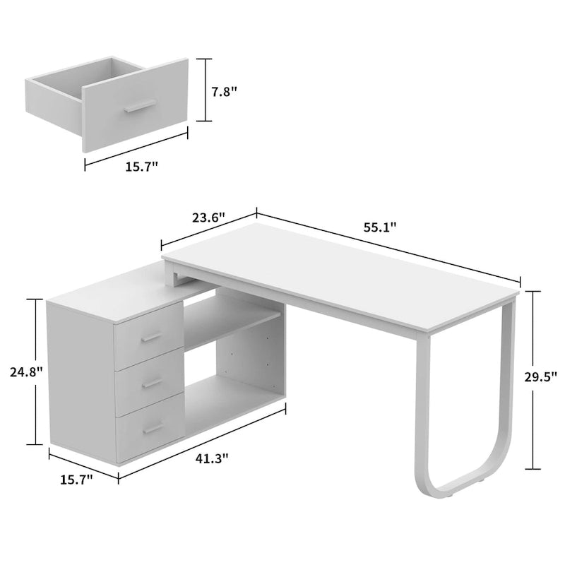 Bureau en L avec armoire de rangement à 3 tiroirs et support d'unité centrale, chêne brun / taupe / noir, style contemporain, 1 personne