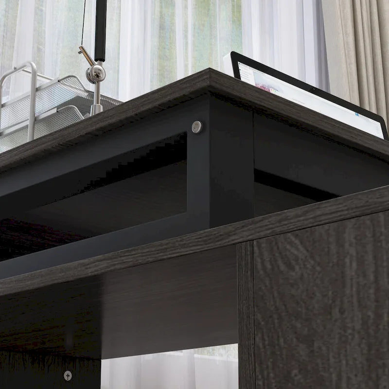 Bureau en L avec armoire de rangement à 3 tiroirs et support d'unité centrale, chêne brun / taupe / noir, style contemporain, 1 personne