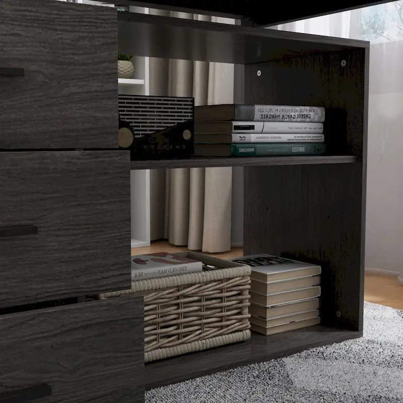 Bureau en L avec armoire de rangement à 3 tiroirs et support d'unité centrale, chêne brun / taupe / noir, style contemporain, 1 personne