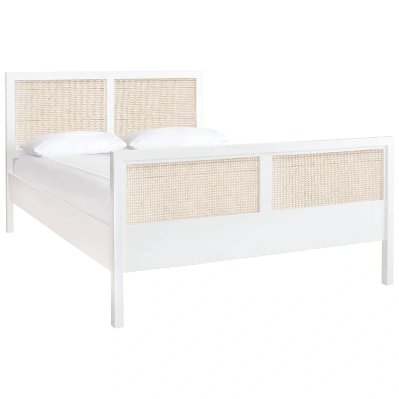 Cadre de lit en cannage au design épuré, blanc / blanc naturel, style côtier, 1 personne (Grand Lit / Très Grand Lit)