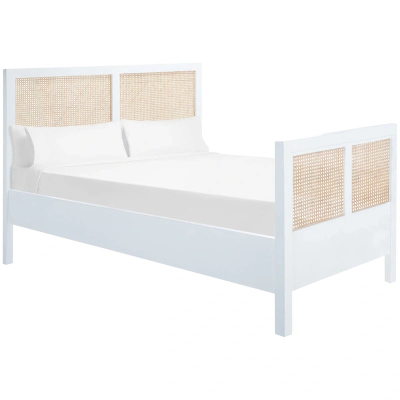 Cadre de lit en cannage au design épuré, blanc / blanc naturel, style côtier, 1 personne (Grand Lit / Très Grand Lit)