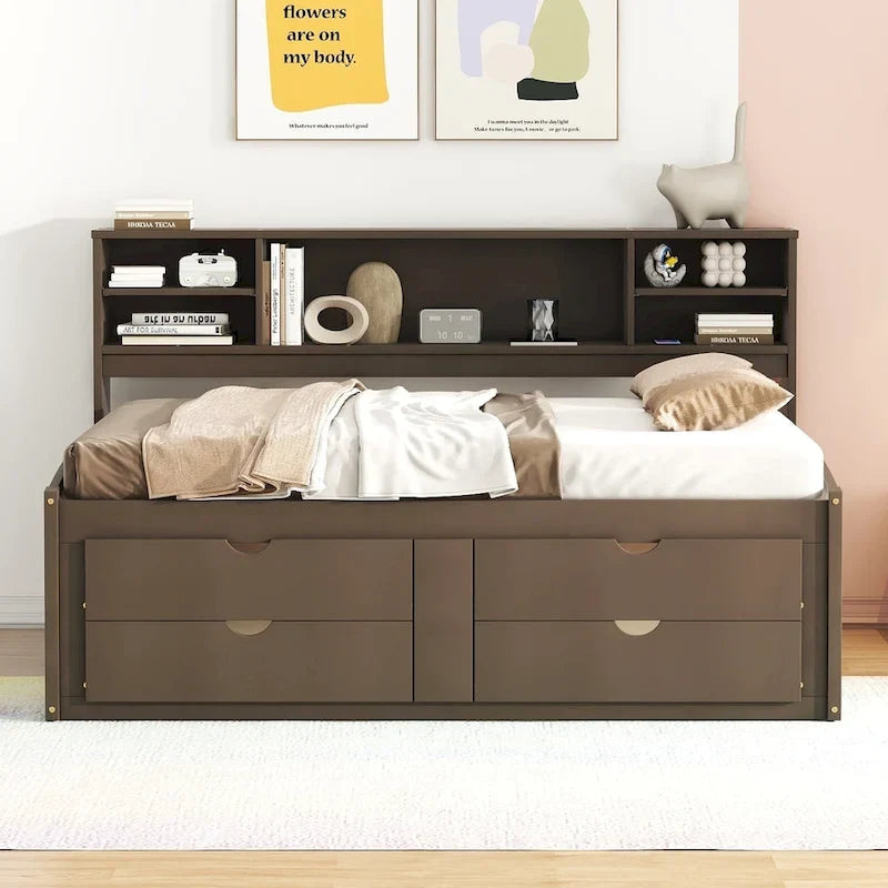 Lit de repos pleine grandeur en bois avec 4 tiroirs et 2 tables de chevet, marron antique, style moderne, 1 personne
