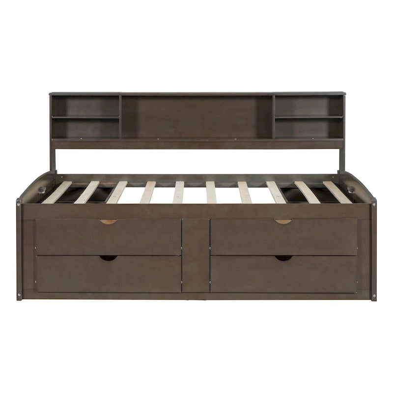 Lit de repos pleine grandeur en bois avec 4 tiroirs et 2 tables de chevet, marron antique, style moderne, 1 personne