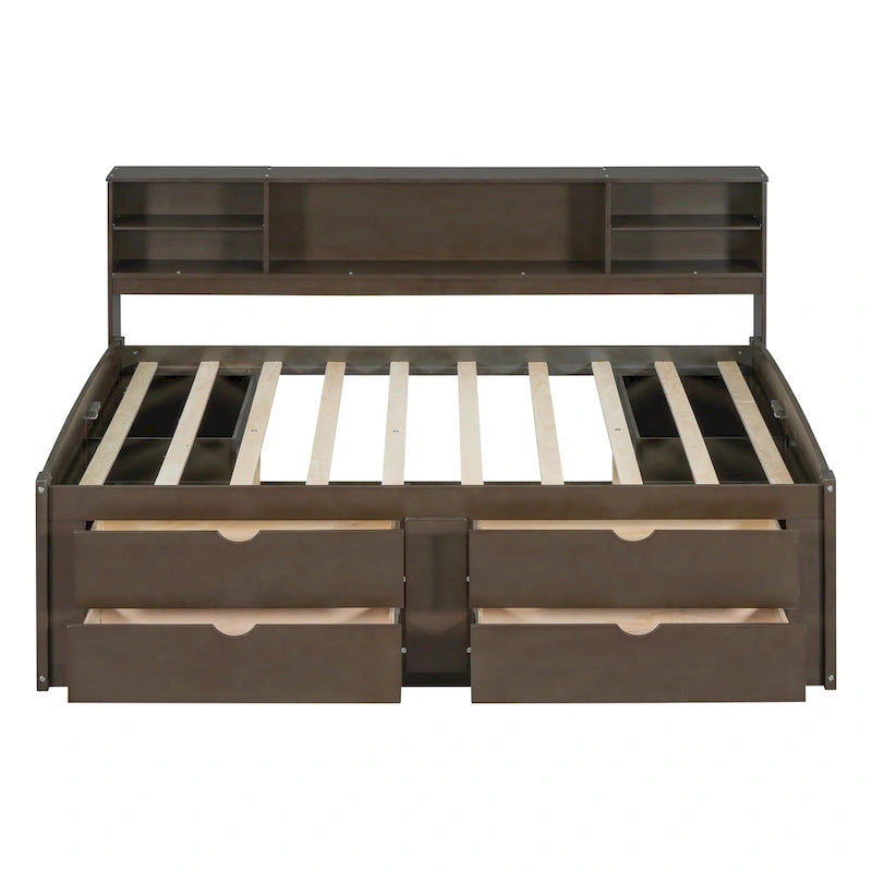 Lit de repos pleine grandeur en bois avec 4 tiroirs et 2 tables de chevet, marron antique, style moderne, 1 personne