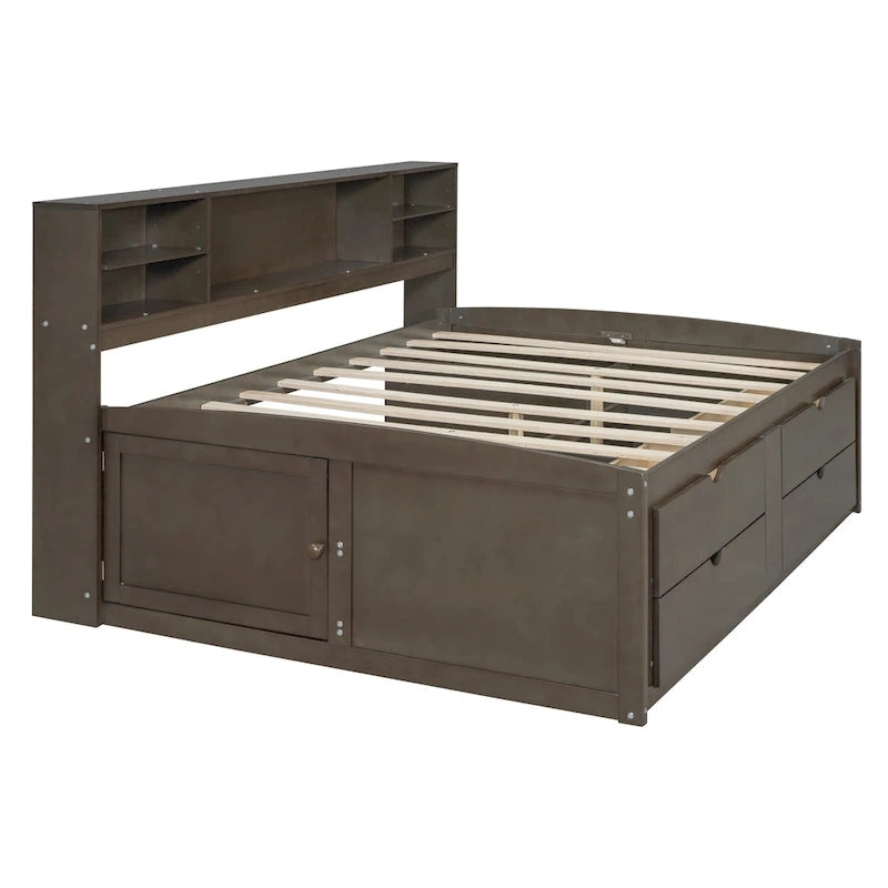 Lit de repos pleine grandeur en bois avec 4 tiroirs et 2 tables de chevet, marron antique, style moderne, 1 personne