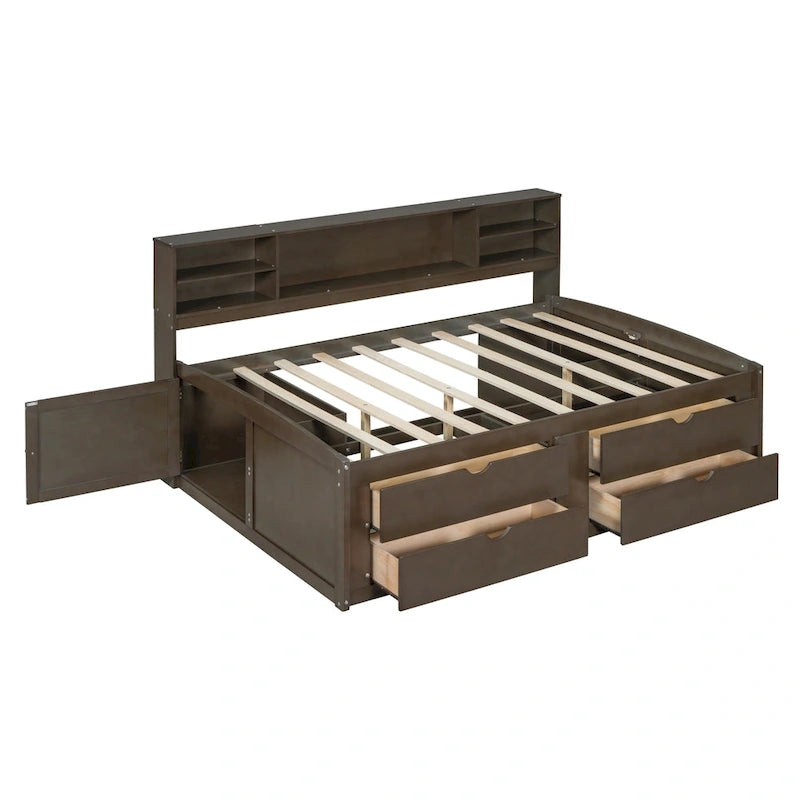 Lit de repos pleine grandeur en bois avec 4 tiroirs et 2 tables de chevet, marron antique, style moderne, 1 personne