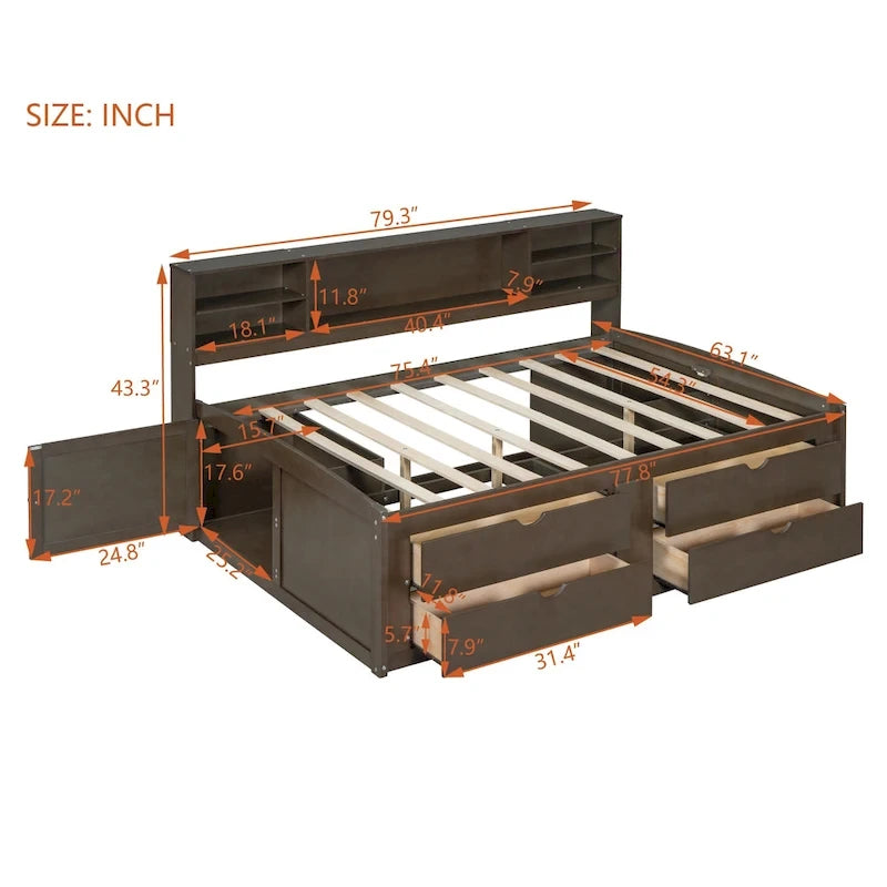 Lit de repos pleine grandeur en bois avec 4 tiroirs et 2 tables de chevet, marron antique, style moderne, 1 personne