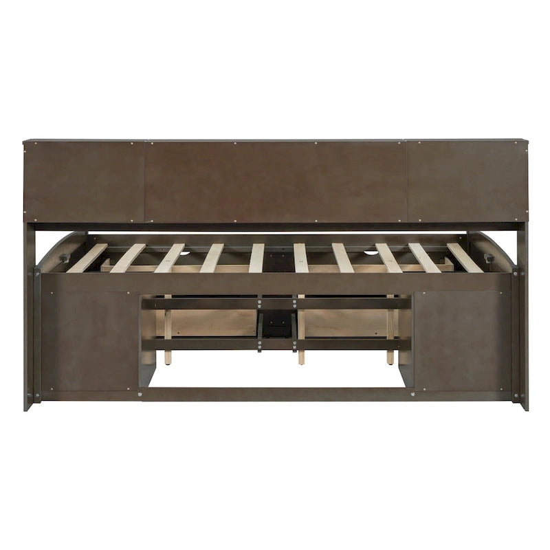 Lit de repos pleine grandeur en bois avec 4 tiroirs et 2 tables de chevet, marron antique, style moderne, 1 personne