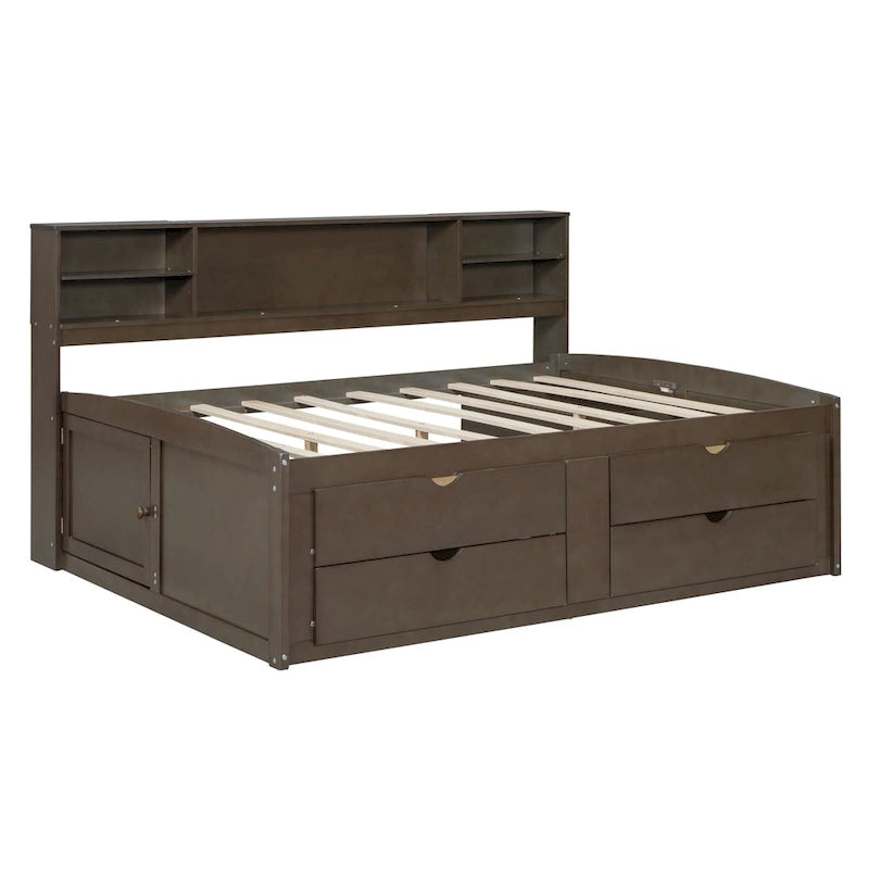 Lit de repos pleine grandeur en bois avec 4 tiroirs et 2 tables de chevet, marron antique, style moderne, 1 personne