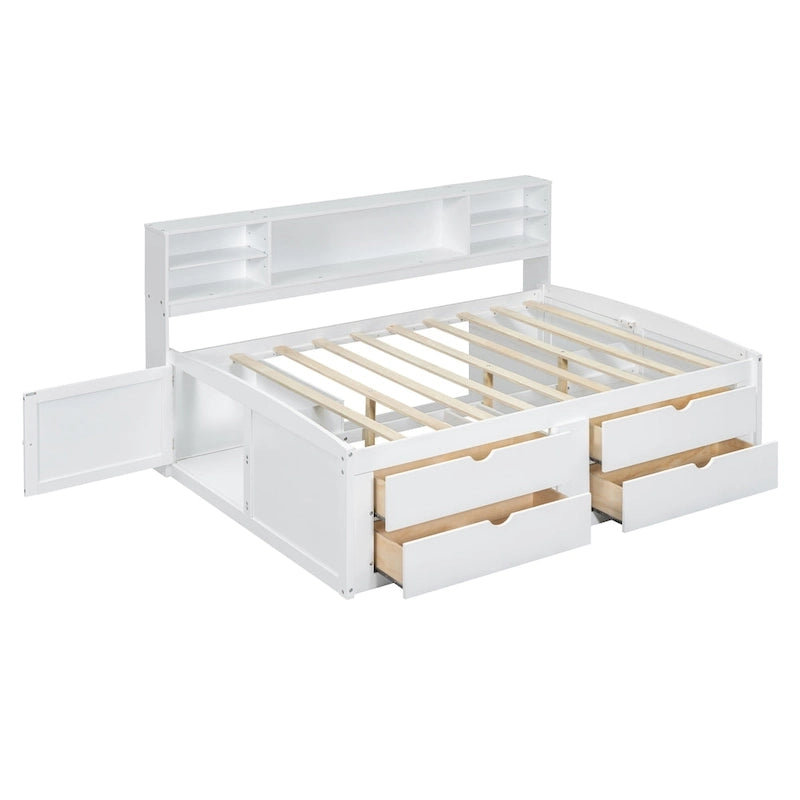 Lit de repos pleine grandeur en bois avec 4 tiroirs et 2 tables de chevet, marron antique, style moderne, 1 personne