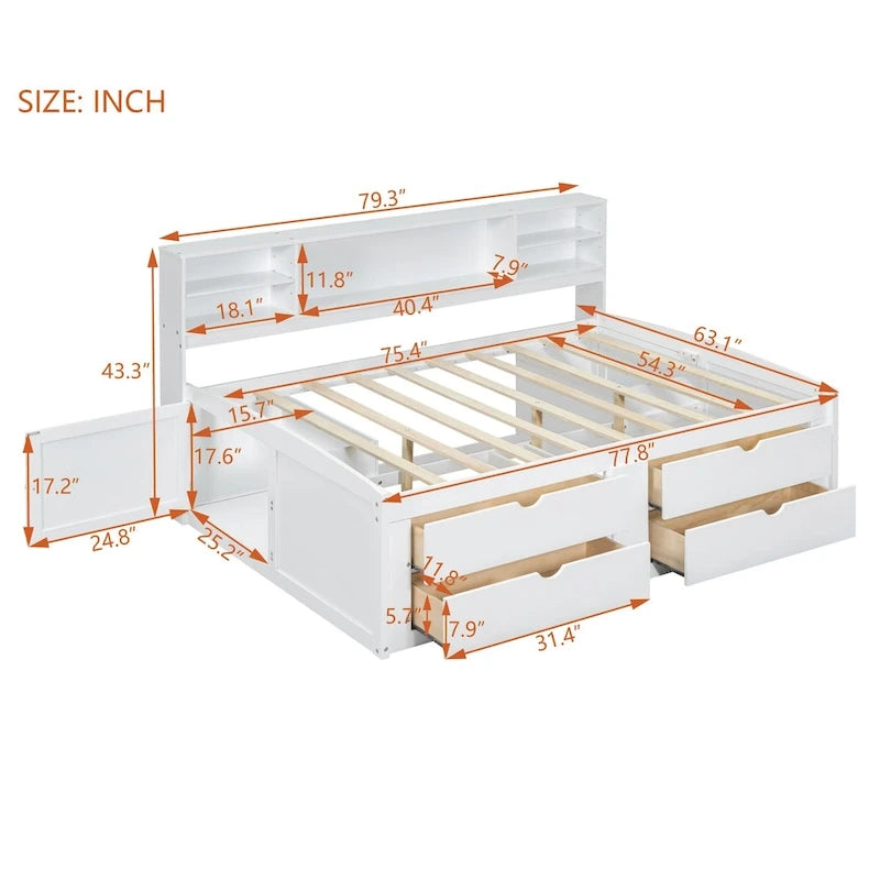 Lit de repos pleine grandeur en bois avec 4 tiroirs et 2 tables de chevet, marron antique, style moderne, 1 personne