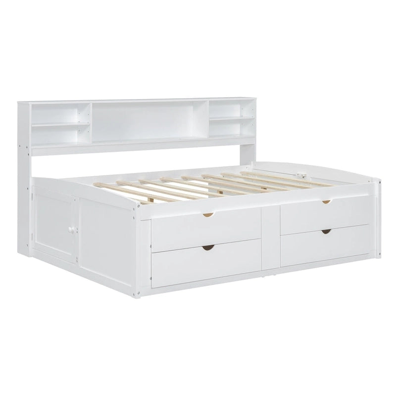Lit de repos pleine grandeur en bois avec 4 tiroirs et 2 tables de chevet, marron antique, style moderne, 1 personne