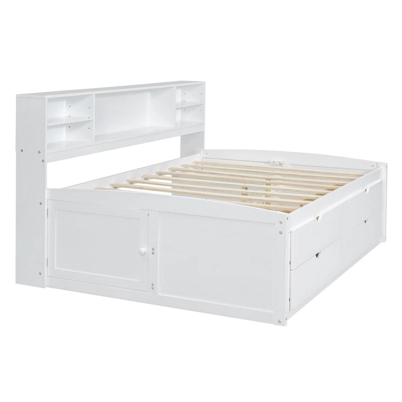 Lit de repos pleine grandeur en bois avec 4 tiroirs et 2 tables de chevet, marron antique, style moderne, 1 personne