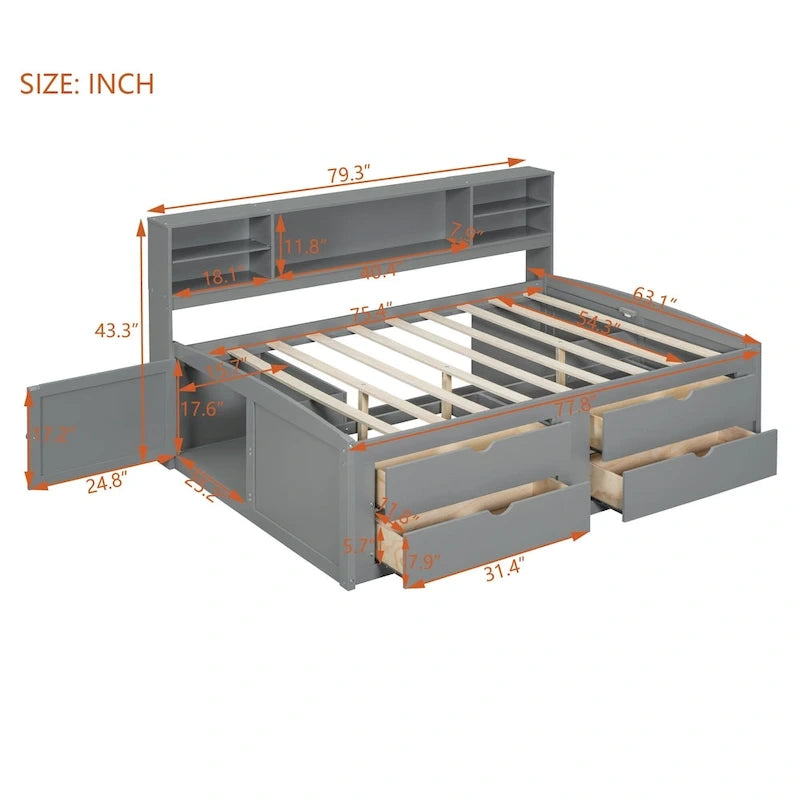 Lit de repos pleine grandeur en bois avec 4 tiroirs et 2 tables de chevet, marron antique, style moderne, 1 personne