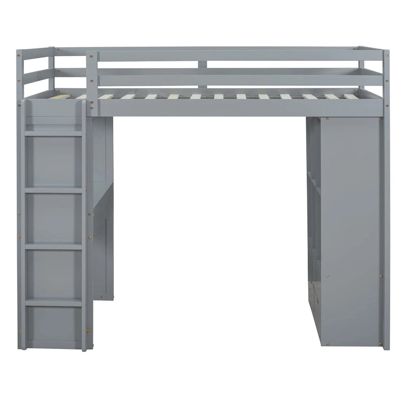 Lit mezzanine pleine grandeur avec bureau, étagères, tiroirs et éclairage LED, gris, style moderne, 1 personne