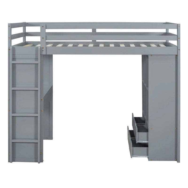 Lit mezzanine pleine grandeur avec bureau, étagères, tiroirs et éclairage LED, gris, style moderne, 1 personne