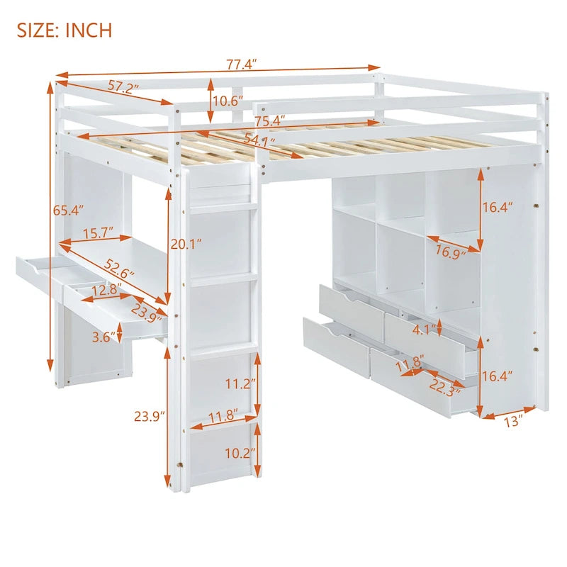 Lit mezzanine pleine grandeur avec bureau, étagères, tiroirs et éclairage LED, gris, style moderne, 1 personne