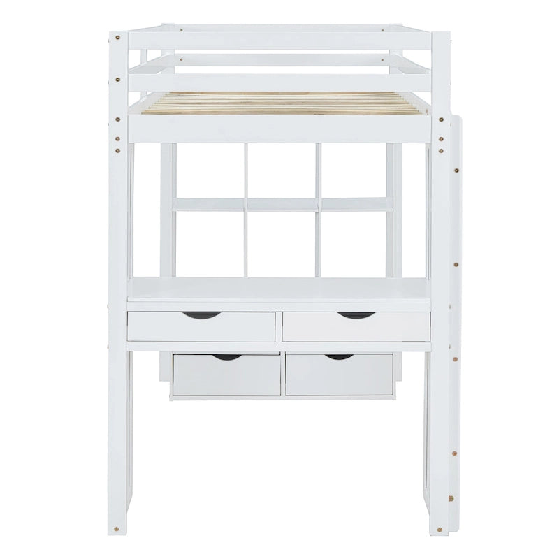 Lit mezzanine pleine grandeur avec bureau, étagères, tiroirs et éclairage LED, gris, style moderne, 1 personne
