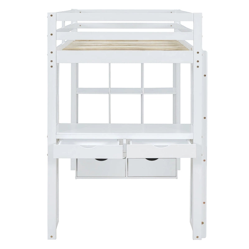 Lit mezzanine pleine grandeur avec bureau, étagères, tiroirs et éclairage LED, gris, style moderne, 1 personne