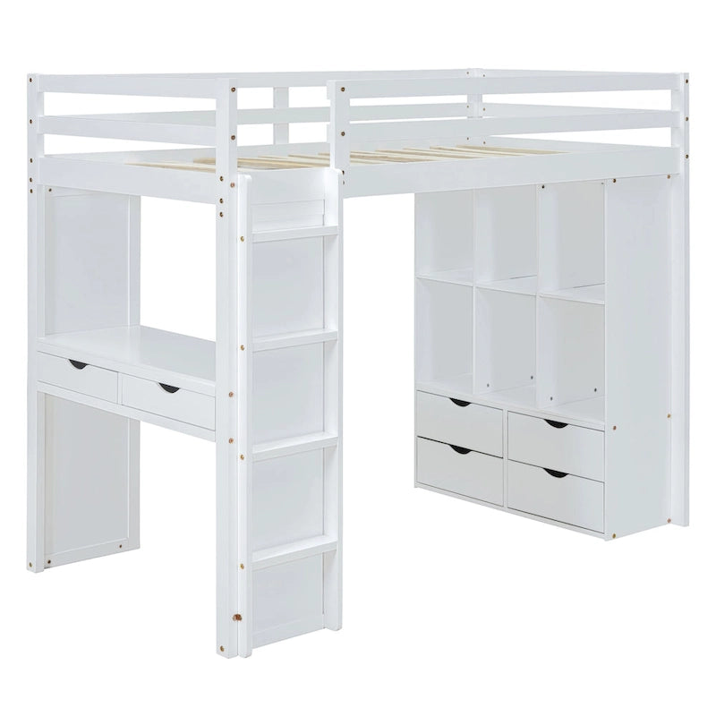 Lit mezzanine pleine grandeur avec bureau, étagères, tiroirs et éclairage LED, gris, style moderne, 1 personne