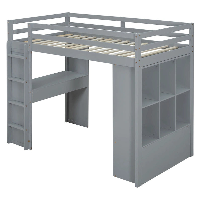 Lit mezzanine pleine grandeur avec bureau, étagères, tiroirs et éclairage LED, gris, style moderne, 1 personne