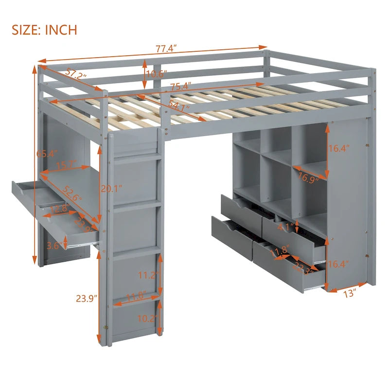 Lit mezzanine pleine grandeur avec bureau, étagères, tiroirs et éclairage LED, gris, style moderne, 1 personne