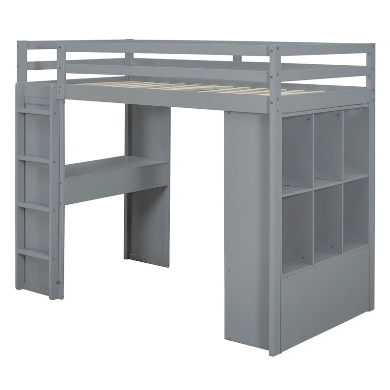 Lit mezzanine pleine grandeur avec bureau, étagères, tiroirs et éclairage LED, gris, style moderne, 1 personne