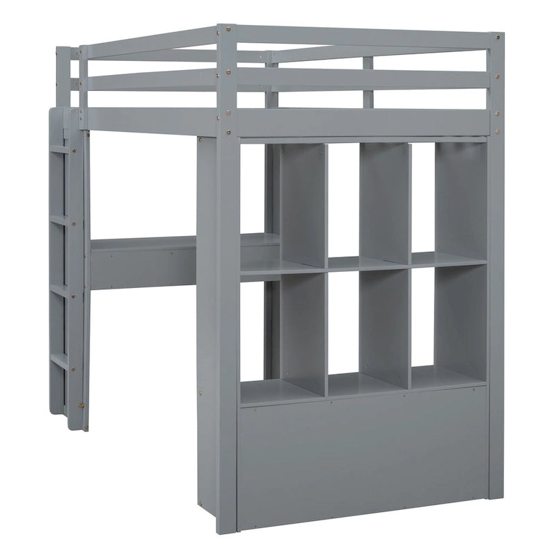 Lit mezzanine pleine grandeur avec bureau, étagères, tiroirs et éclairage LED, gris, style moderne, 1 personne